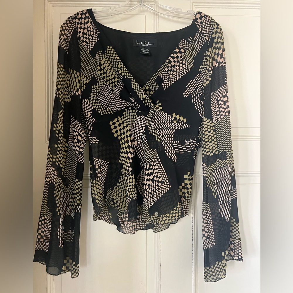 Vintage Nicole Miller Black and Beige Patterned Women's Top